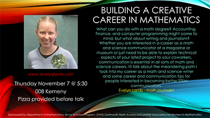 poster for Evelyn Lamb talk 'Building a Creative Career in Mathematics'