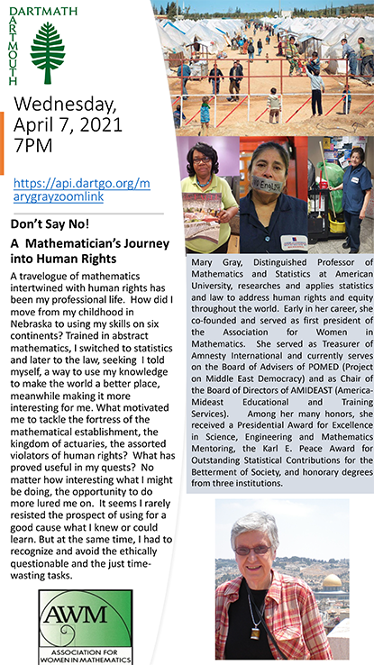 poster for Mary Gray talk 'Don’t Say No! A Mathematician’s Journey into Human Rights'
