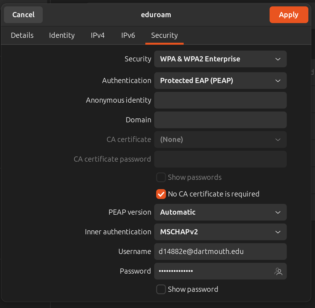 eduroam config