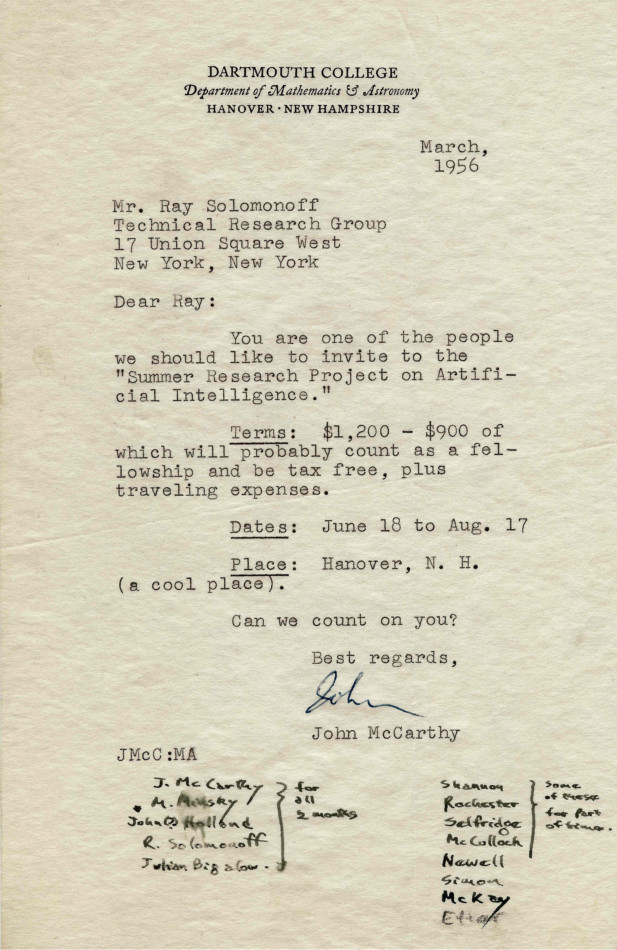 Invitation to the Dartmouth Workshop in 1956; source: https://raysolomonoff.com/dartmouth/