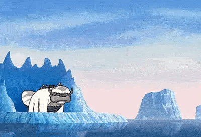 Appa, a six legged sky bison from Avatar: the last airbender, doing a belly-flop in the snow. Source: Nickelodeon
