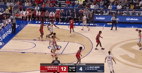 Anthony Edwards of the Georgia Bulldogs making a spectacular underhanded shot against the opposing basketball team, Ole Miss, in the SEC tournament. Source: Minnesota Timberwolves