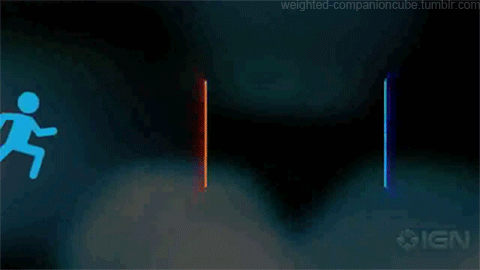 A stick figure running through teleportation portal in the video game 'Portal' from left to right. Source: IGN